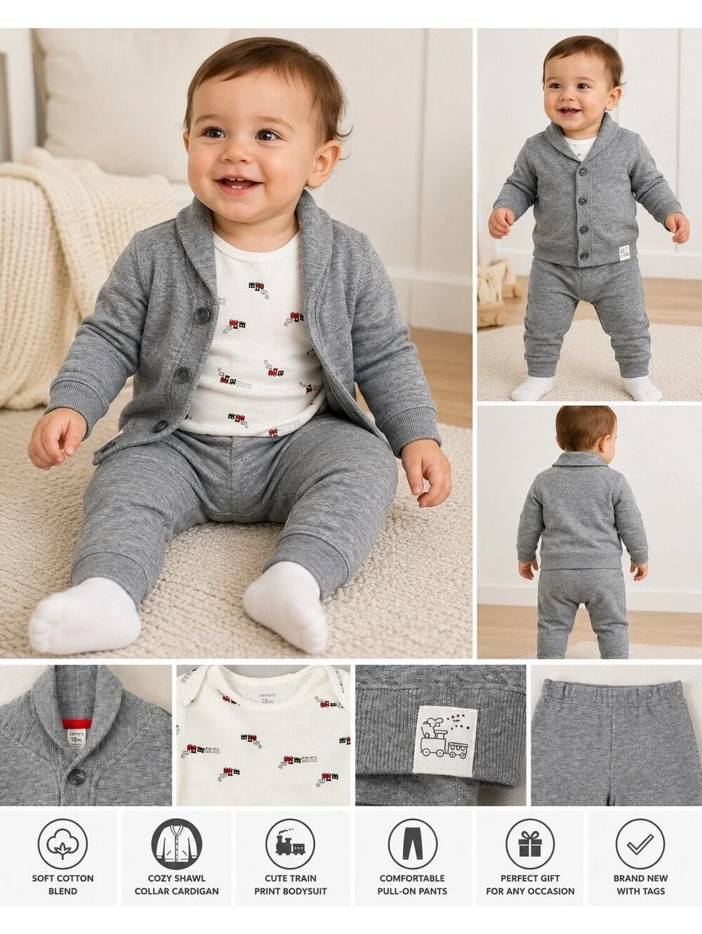 Carter's Baby Boys 3 Piece Outfit Set 18M Gray Cardigan Bodysuit Pants NWT